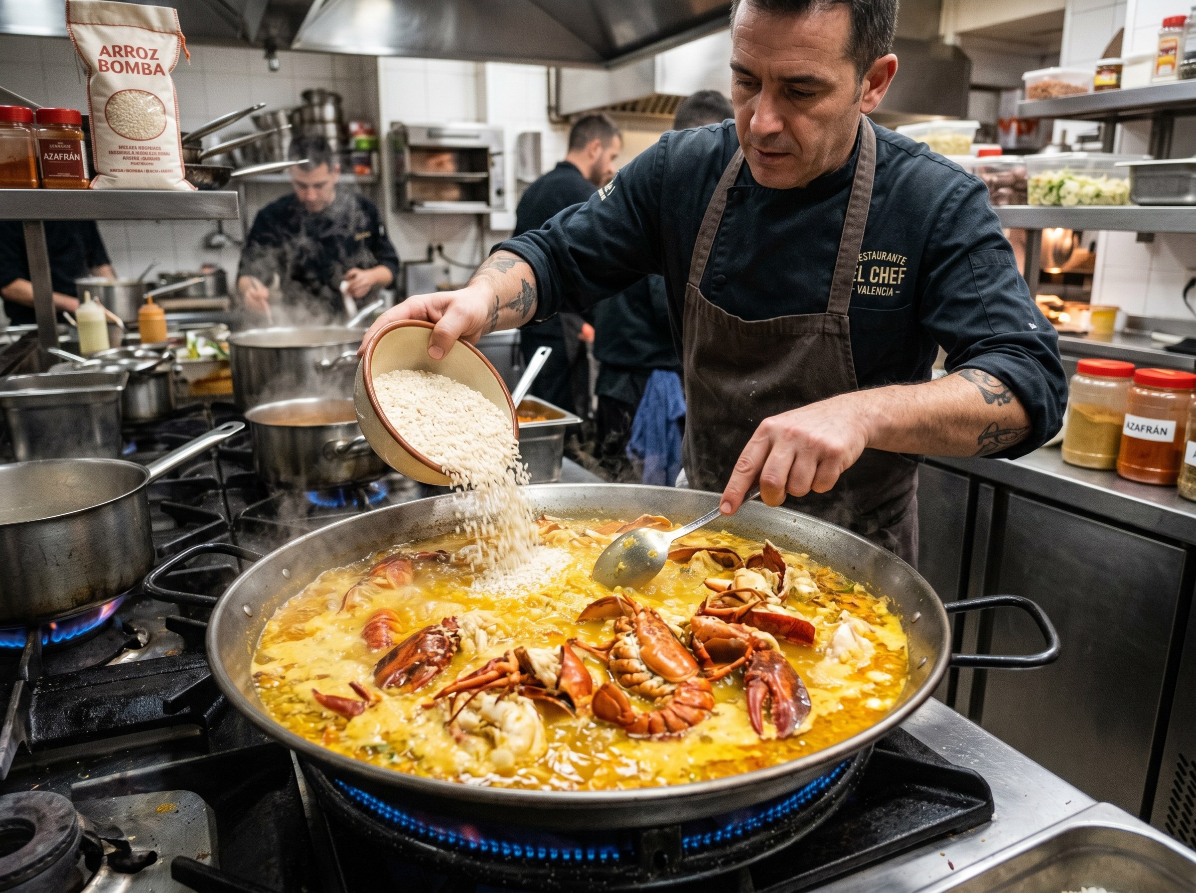 Arroz bomba absorbbiendo el caldo naranja de bogavante, textura melosa desarrollandose