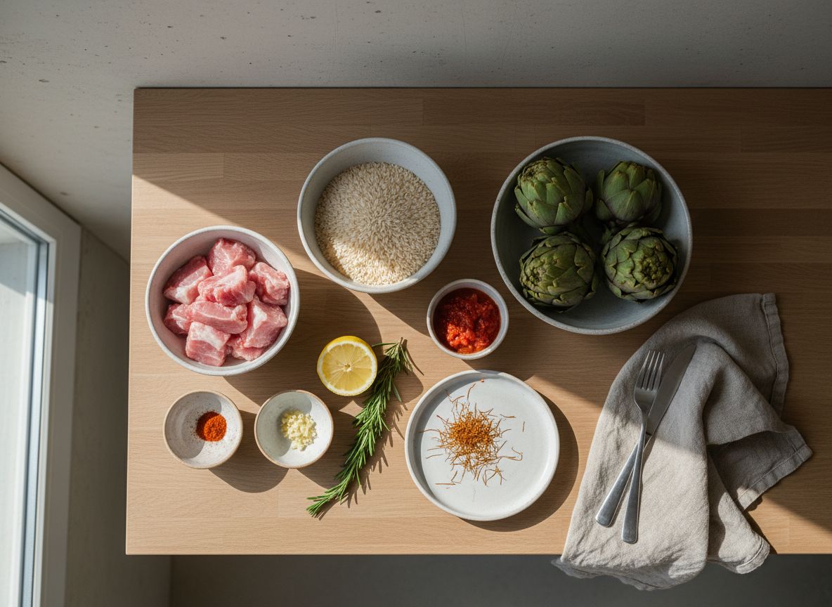 Mise en place: costilla de cerdo troceada, alcachofas frescas, arroz bomba, tomate rallado, azafrán, pimentón y romero en cuencos de cerámica