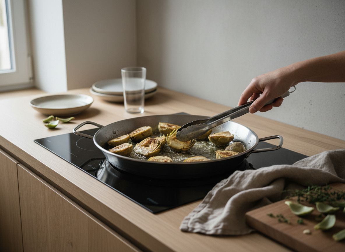 Cuartos de alcachofa dorándose por las caras planas en la paella de acero