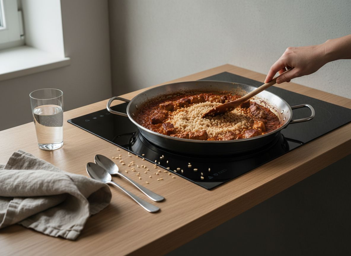 Arroz bomba nacarándose con el sofrito de tomate y la costilla reincorporada en la paella