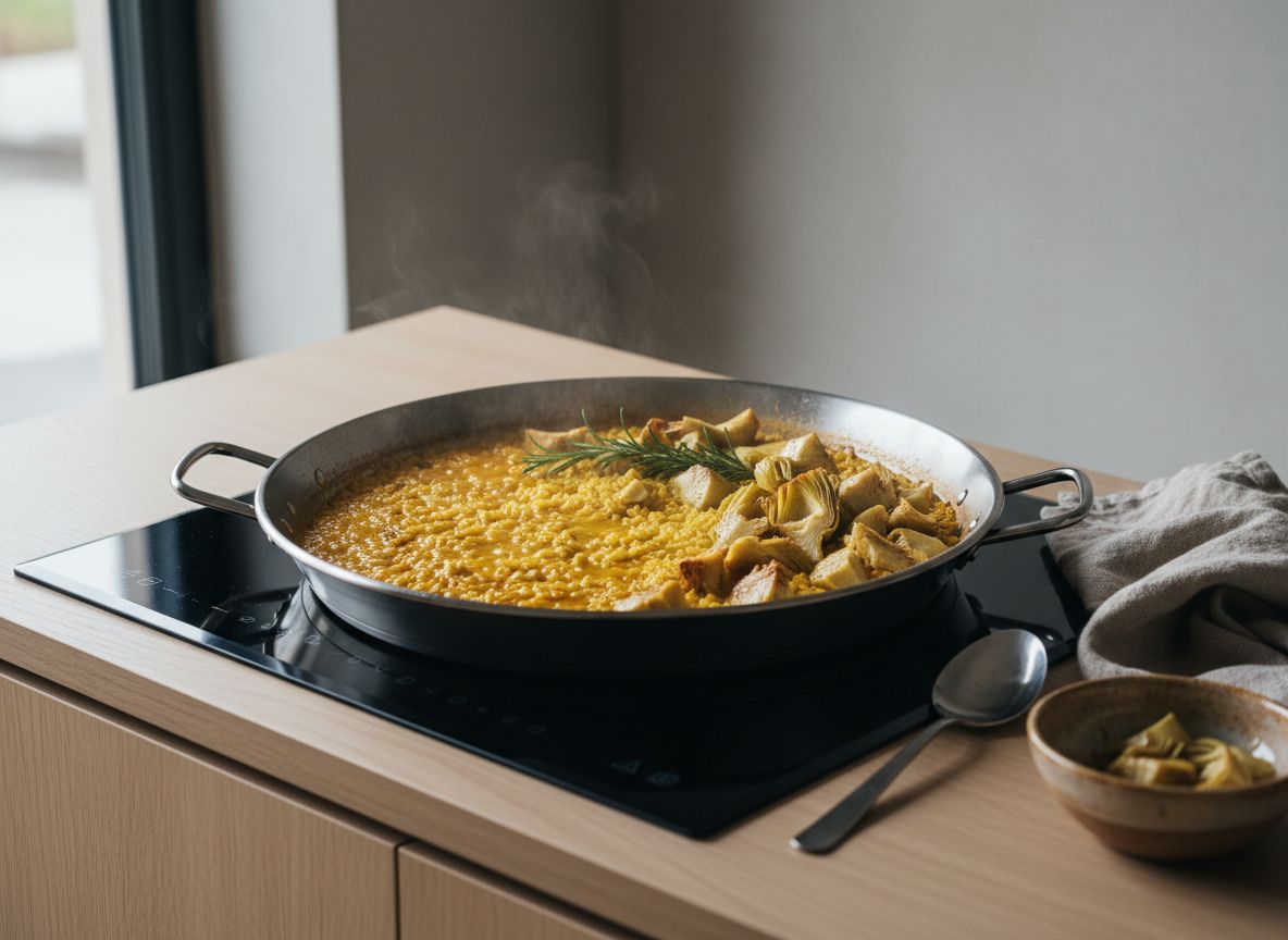 Cuartos de alcachofa repartidos sobre el arroz hirviendo con caldo azafranado y rama de romero