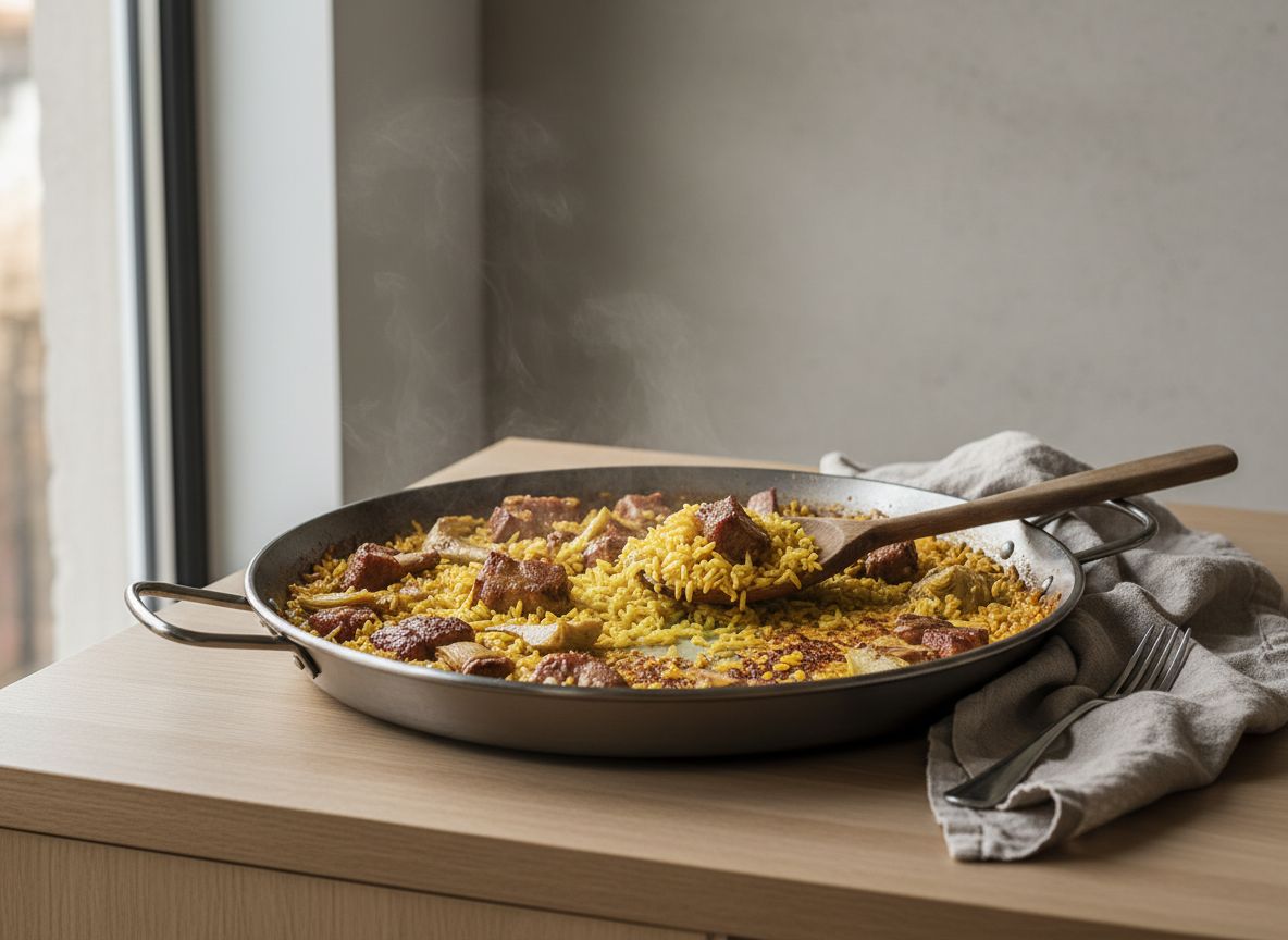Paella de arroz bomba con costilla de cerdo dorada, cuartos de alcachofa y grano azafranado suelto, sobre encimera de roble claro con un paño de lino al lado