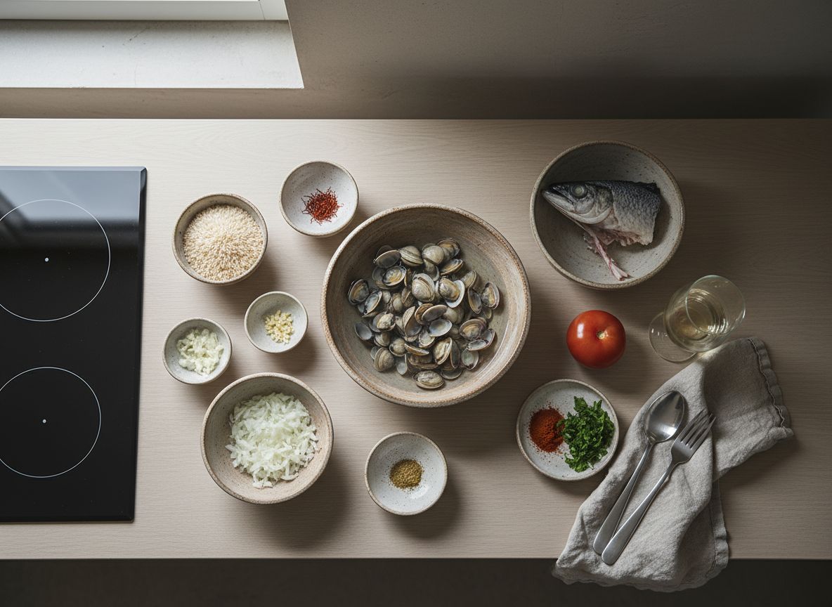 Mise en place: almejas y berberechos vivos en agua salada, espina de merluza, arroz bomba, cebolla, tomate rallado y azafrán en cuencos de cerámica