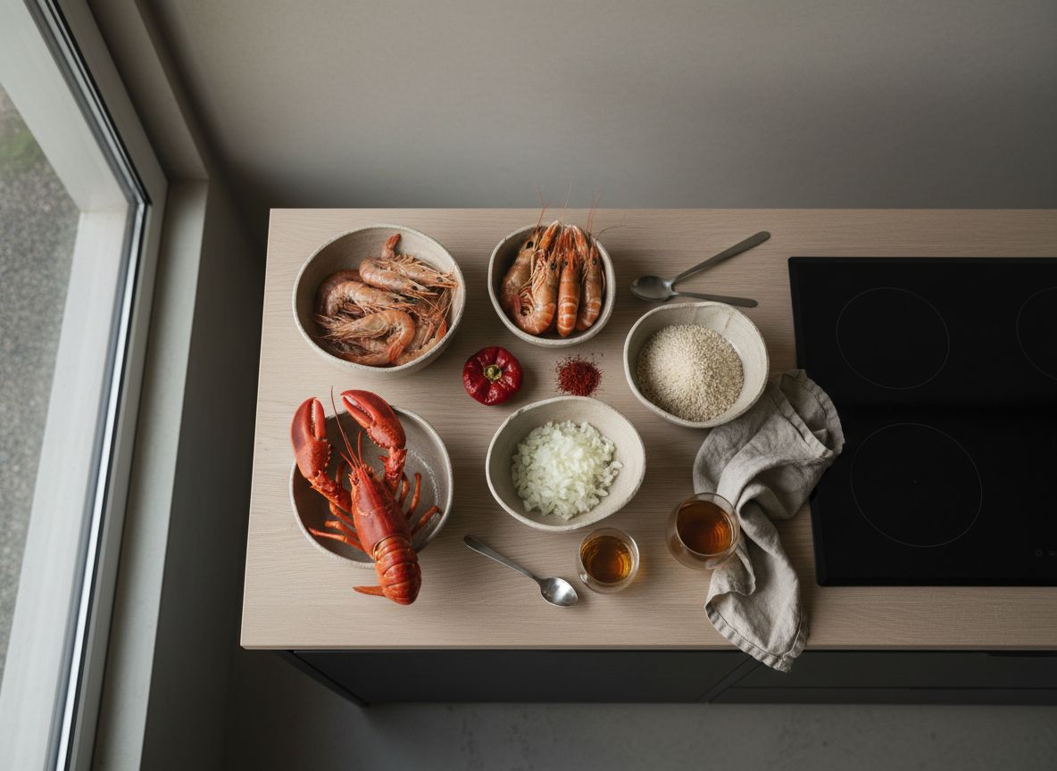 Mise en place: bogavante entero, cigalas frescas, cabezas de gamba, arroz bomba, ñora, tomate rallado y azafrán en cuencos de cerámica