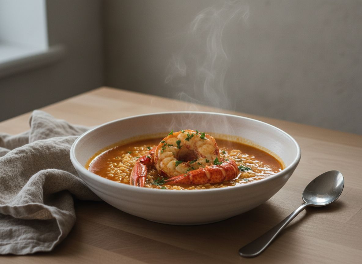Plato hondo de cerámica blanca con arroz caldoso de bogavante y cigala, caldo anaranjado ligado, medallones de bogavante y colas de cigala, sobre encimera de roble claro