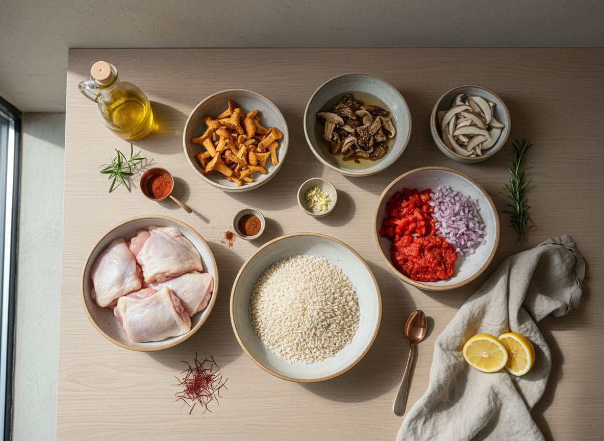 Mise en place del arroz caldoso: pollo de corral despiezado con hueso, arroz bomba, níscalos y setas de cardo, boletus secos, tomate rallado, cebolla y pimiento picados, pimentón y azafrán