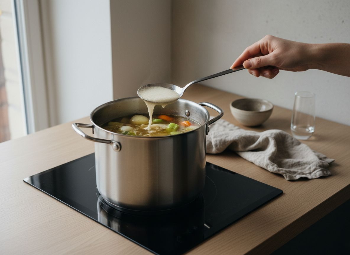 Caldo de carcasa de pollo de corral con puerro, zanahoria y apio temblando a 85 grados en la olla alta, sin llegar a hervir