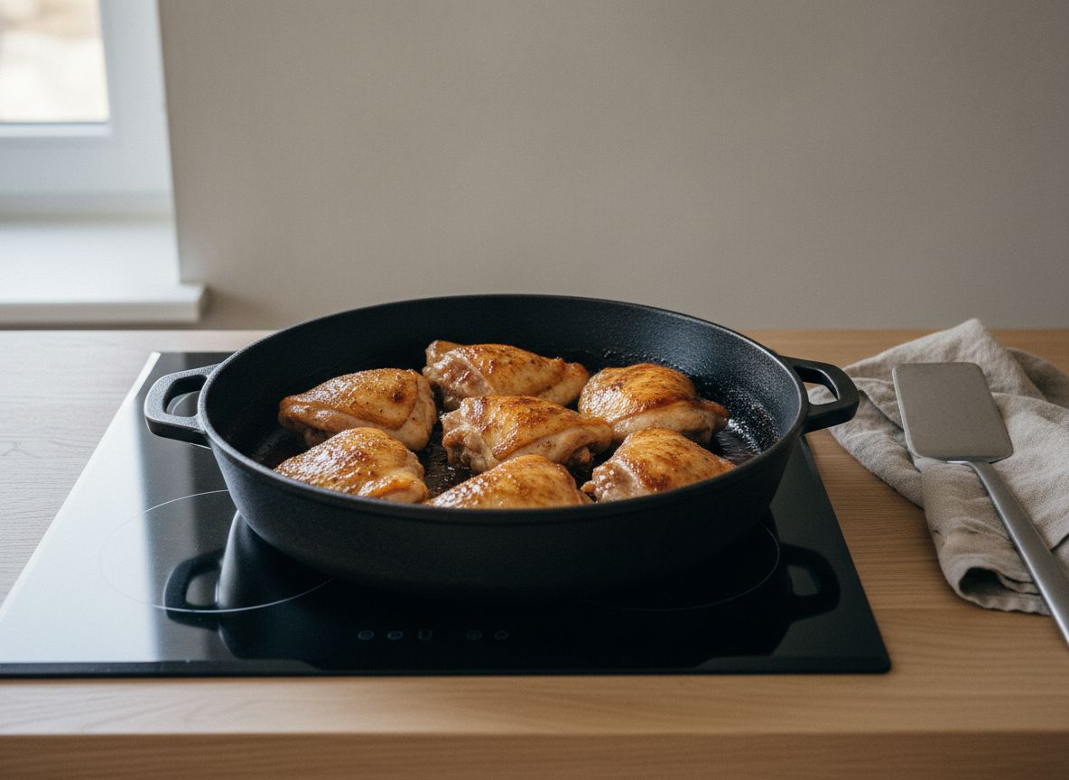 Trozos de muslo de pollo de corral dorándose con costra caoba en la cazuela ancha de fondo grueso