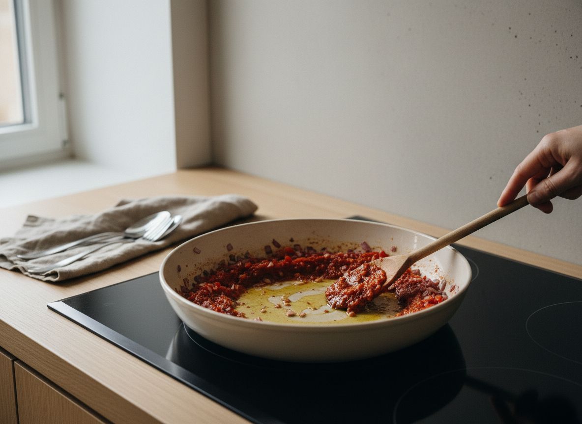 Sofrito de cebolla, pimiento rojo y tomate rallado en punto de teja, con el aceite subiendo limpio por los bordes