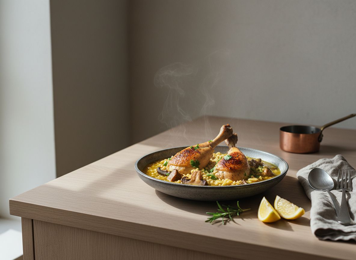 Arroz caldoso de pollo de corral y setas servido en plato hondo de cerámica gris piedra: caldo dorado y azafranado cubriendo el arroz bomba, trozos de muslo con hueso dorados, níscalos y setas de cardo salteadas, perejil picado y una ramita de romero