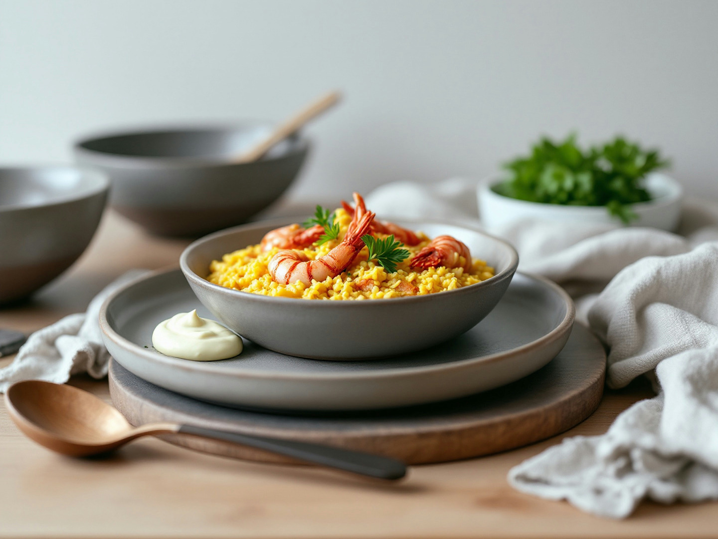 Arroz meloso de cigalas con azafrán y una quenelle de alioli