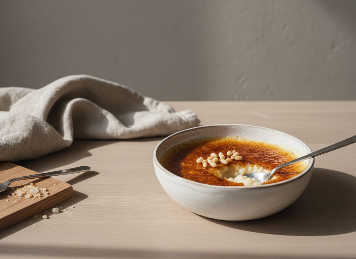 Cuenco de cerámica blanco hueso con arroz con leche cremoso coronado por una costra de azúcar requemado ámbar y brillante, luz natural suave desde la izquierda.