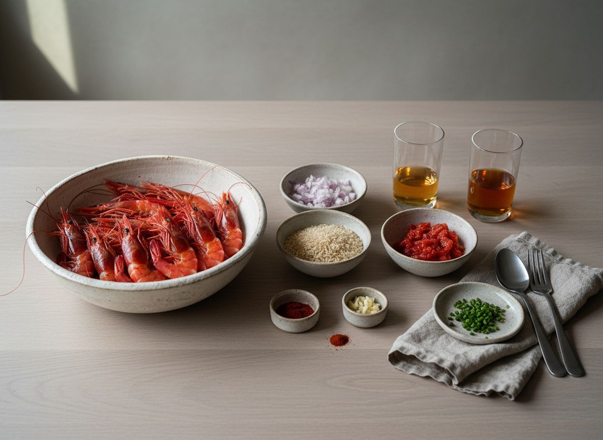 Mise en place: carabineros rojos enteros, arroz bomba, chalota picada, tomate rallado, pimentón, vino de Jerez y brandy en cuencos de cerámica