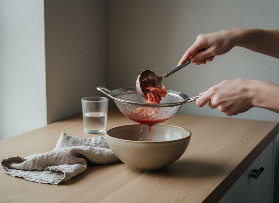 Caldo de carabinero rojo intenso prensándose por chino de malla fina