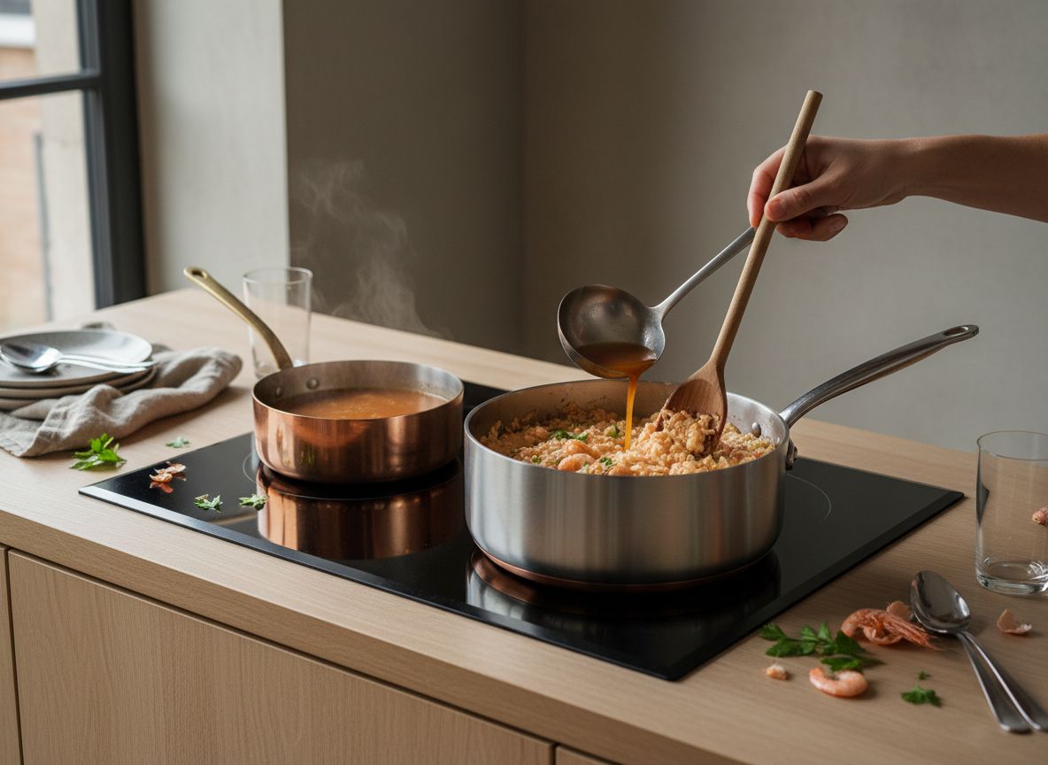 Arroz cremoso rojo removiéndose con cuchara de madera mientras se añade caldo en tandas