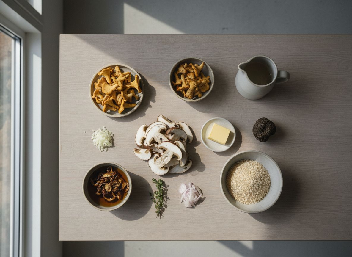 Mise en place: boletus fresco en láminas, rebozuelos, boletus deshidratado en remojo, arroz bomba, chalota, tomillo y una trufa negra en cuencos de cerámica