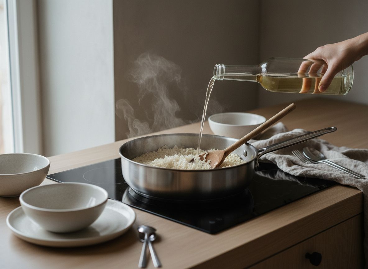 Arroz bomba nacarándose y vino blanco evaporándose en la cazuela ancha