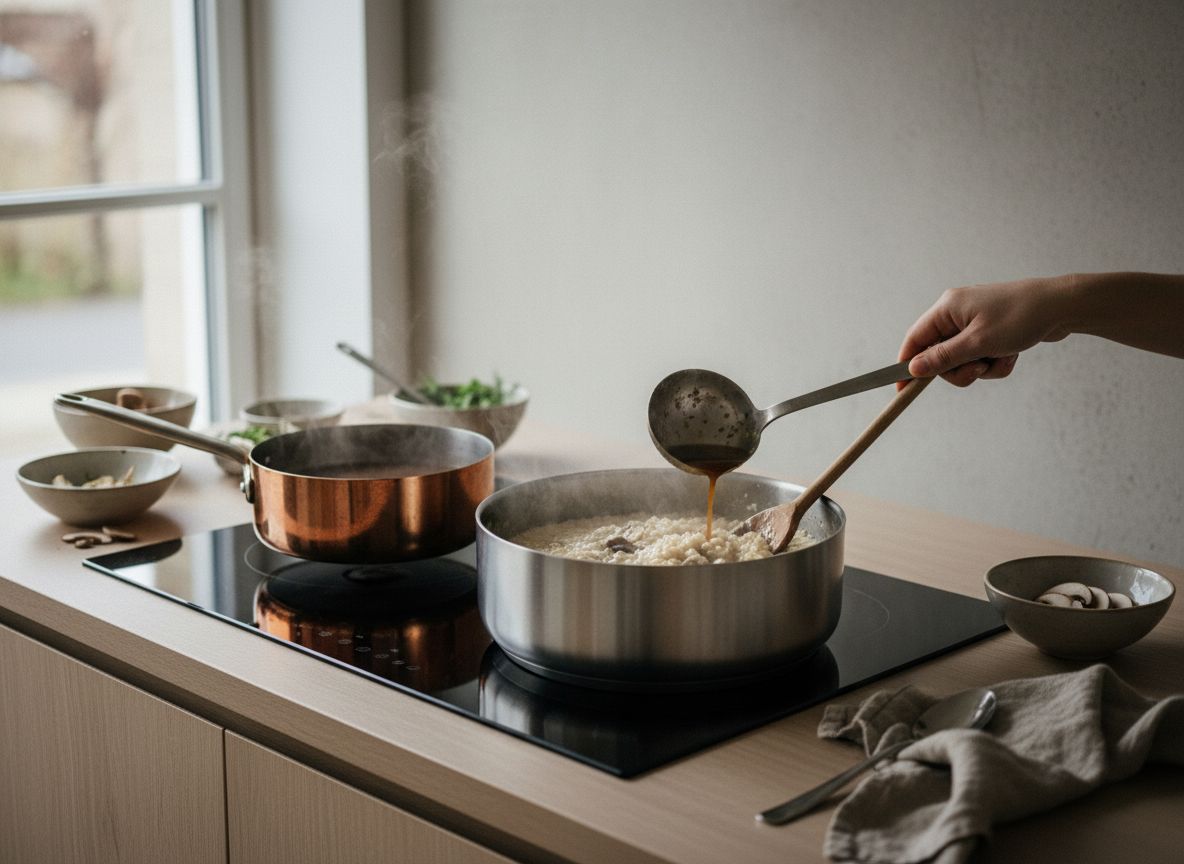 Caldo de hongos añadiéndose en tandas al arroz mientras se remueve con cuchara de madera