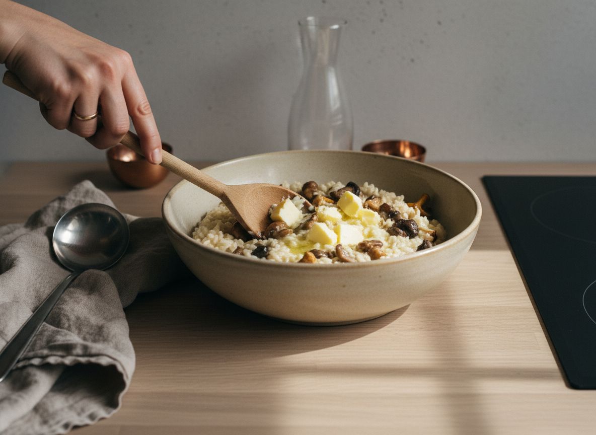 Setas salteadas incorporándose al arroz cremoso y mantequilla fría fundiéndose fuera del fuego