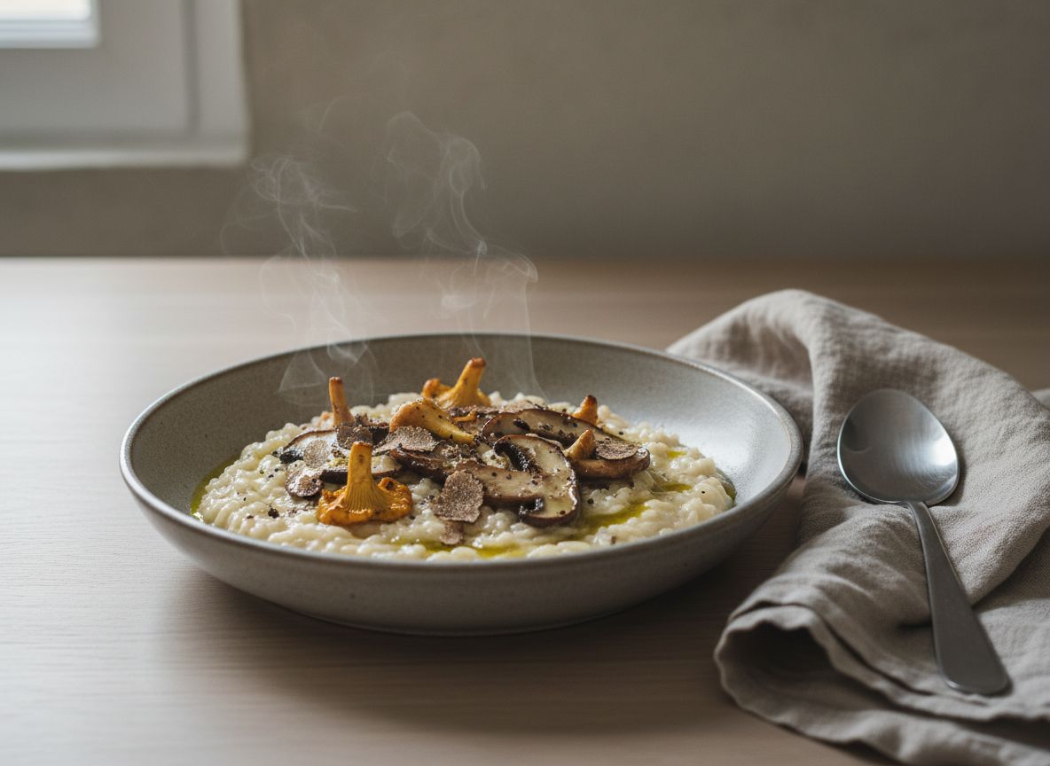 Plato hondo de cerámica gris piedra con arroz cremoso de setas de otoño, láminas de boletus dorado y trufa negra recién rallada por encima, sobre encimera de roble claro