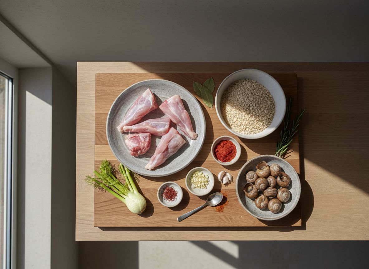 Mise en place: conejo troceado, caracoles serranos, arroz bomba, tomate rallado, ajo, pimentón, azafrán y ramas de romero en cuencos de cerámica
