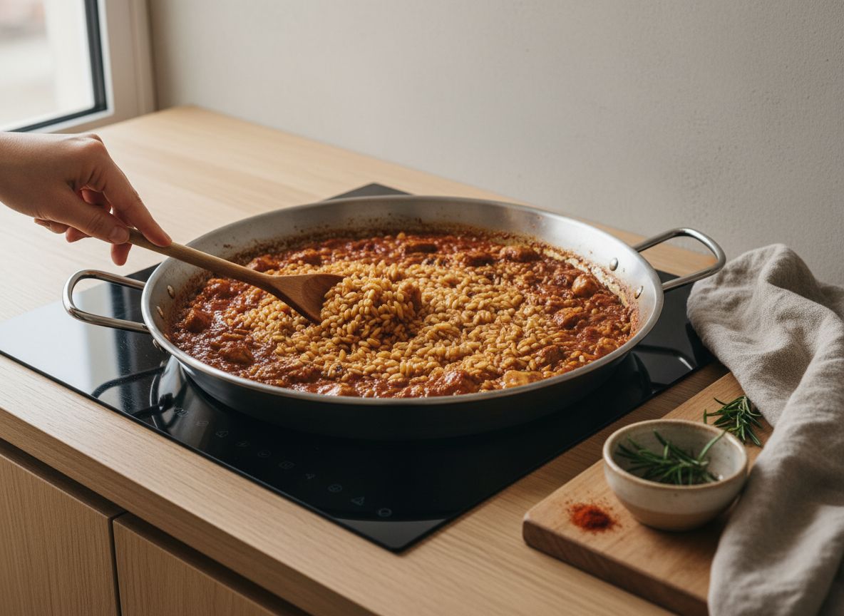 Arroz bomba nacarándose con el sofrito de tomate y el conejo en la paella