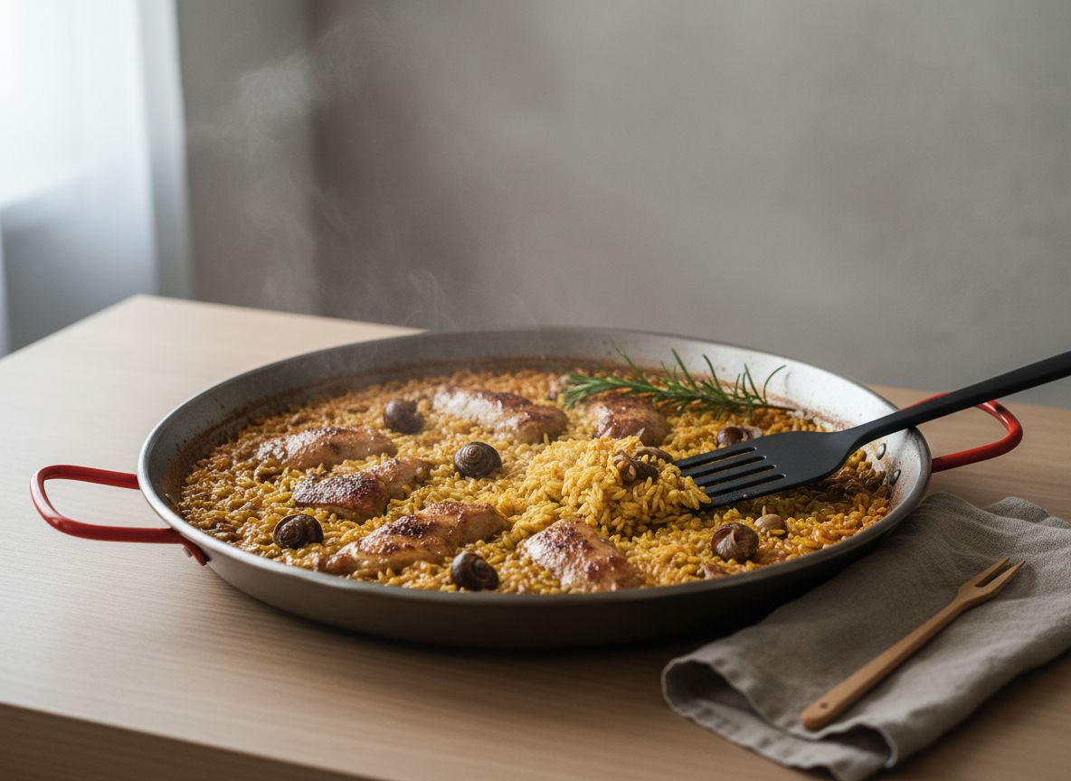 Paella de arroz de conejo y caracoles con grano azafranado suelto, piezas de conejo doradas, caracoles serranos repartidos y una rama de romero al borde, sobre encimera de roble claro