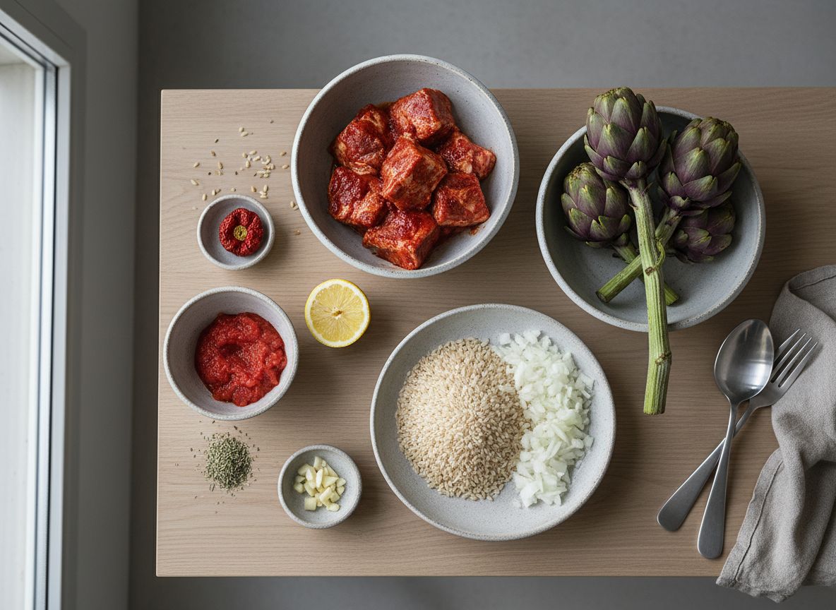 Mise en place: costilla de cerdo adobada en pimentón, alcachofas frescas, arroz de Calasparra, ñora, tomate rallado y ajo en cuencos de cerámica