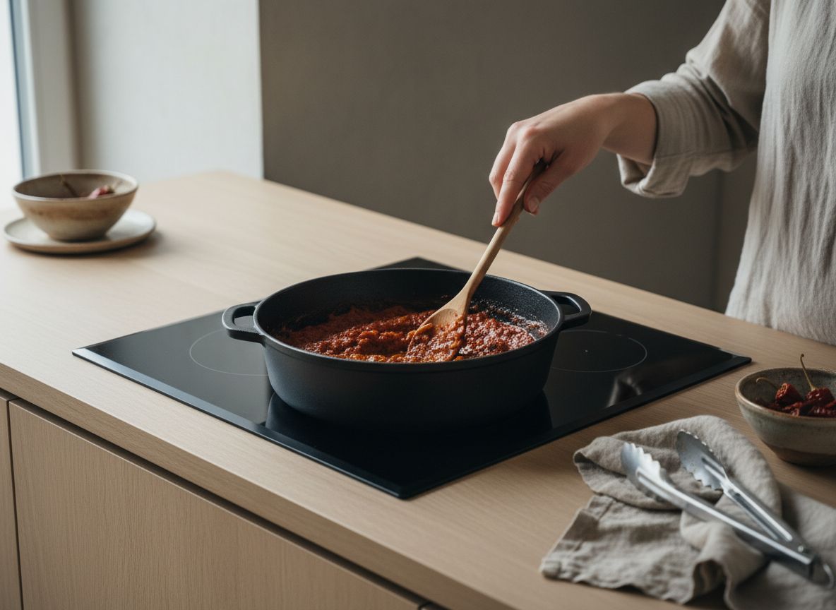 Sofrito de cebolla, tomate y ñora reduciéndose en la cazuela de hierro