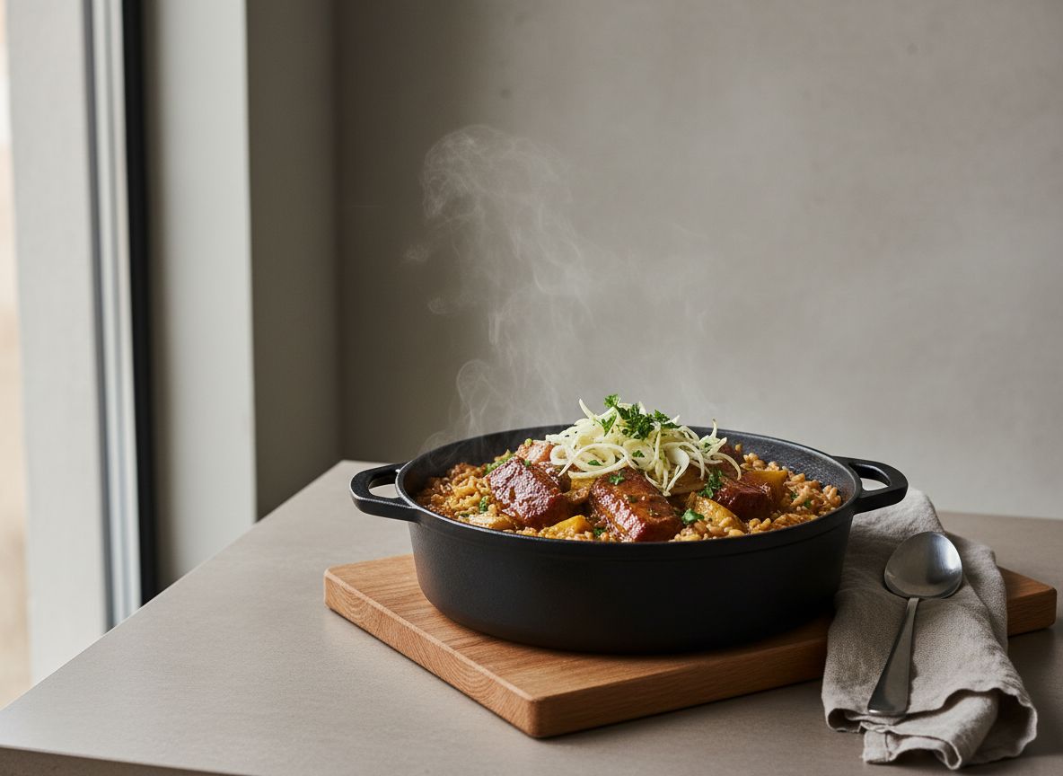 Cazuela de hierro con arroz meloso de costillas de cerdo adobadas y alcachofas confitadas, caldo ligado y láminas de alcachofa cruda por encima, sobre encimera de roble claro