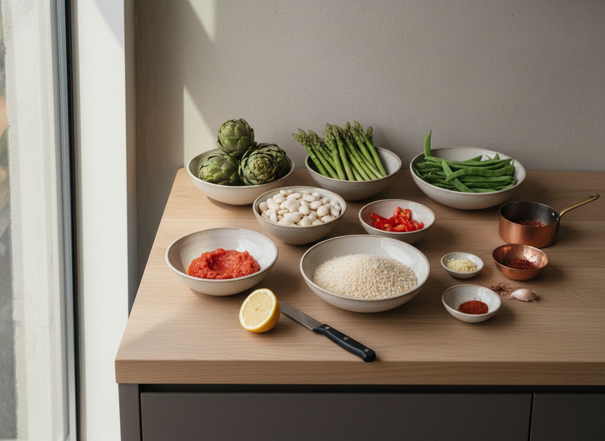 Mise en place: alcachofas, espárragos verdes, judía plana, garrofón, pimiento rojo, arroz bomba, tomate rallado y azafrán en cuencos de cerámica