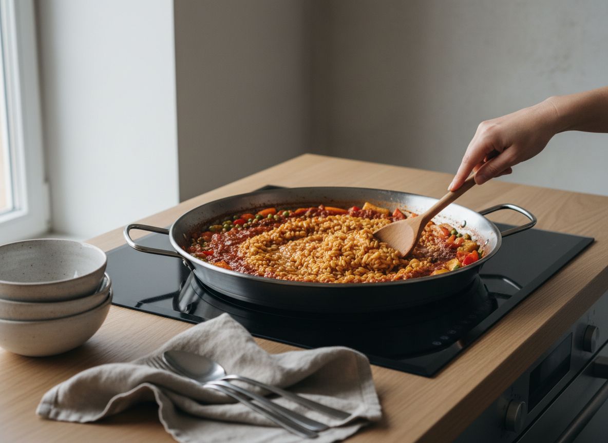 Arroz bomba nacarándose sobre el sofrito de tomate reducido en la paella