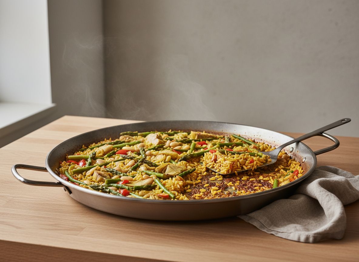 Paella de arroz de verduras de la huerta con grano azafranado suelto, cuartos de alcachofa dorada, espárragos verdes enteros, judía plana y garrofón, sobre encimera de roble claro