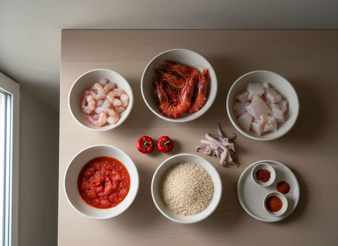 Mise en place: gamba roja y cigalas peladas en crudo, cabezas y cáscaras aparte, sepia y rape en dados, arroz bomba, ñoras y azafrán en cuencos de cerámica
