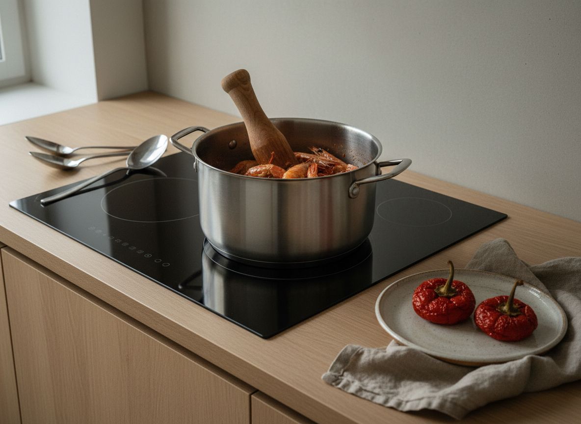Cabezas y cáscaras de marisco aplastándose con mazo en la olla mientras el aceite se tiñe de rojo