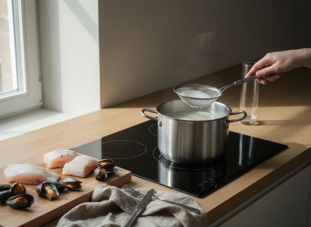 Caldo de marisco y rape cociendo a hervor tembloroso mientras se desespuma