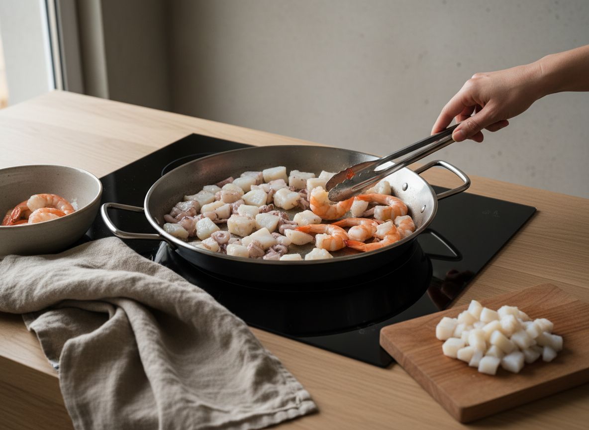 Dados de sepia y rape marcándose en la paella junto a las colas de gamba peladas