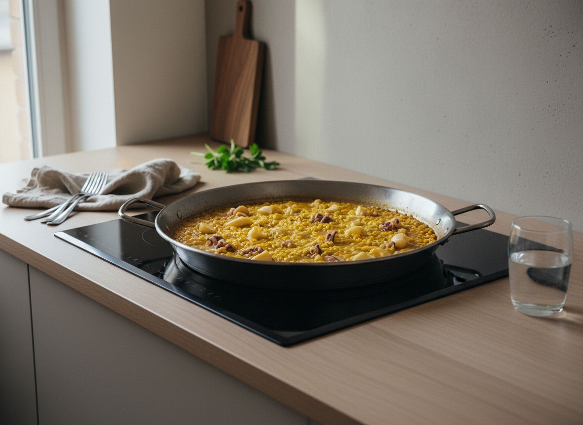Arroz bomba hirviendo en la paella con el caldo azafranado desapareciendo de la superficie