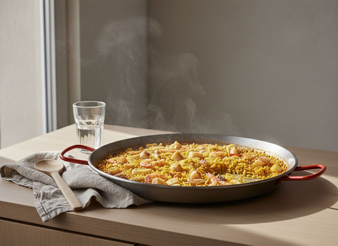 Paella de arroz del senyoret con grano azafranado suelto, colas de gamba roja y cigala peladas, dados de rape y sepia, sin cáscaras a la vista, sobre encimera de roble claro
