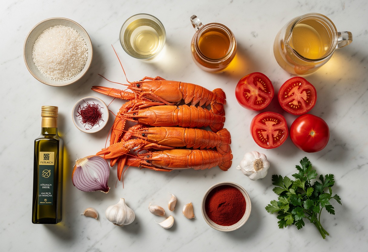 Flat lay ingredientes de Arroz Meloso de Cigalas con Azafrán de La Mancha y Alioli Esférico