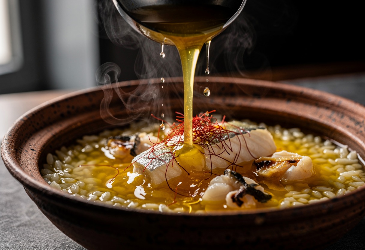 Tecnica principal de Arroz Meloso de Cigalas con Azafrán de La Mancha y Alioli Esférico