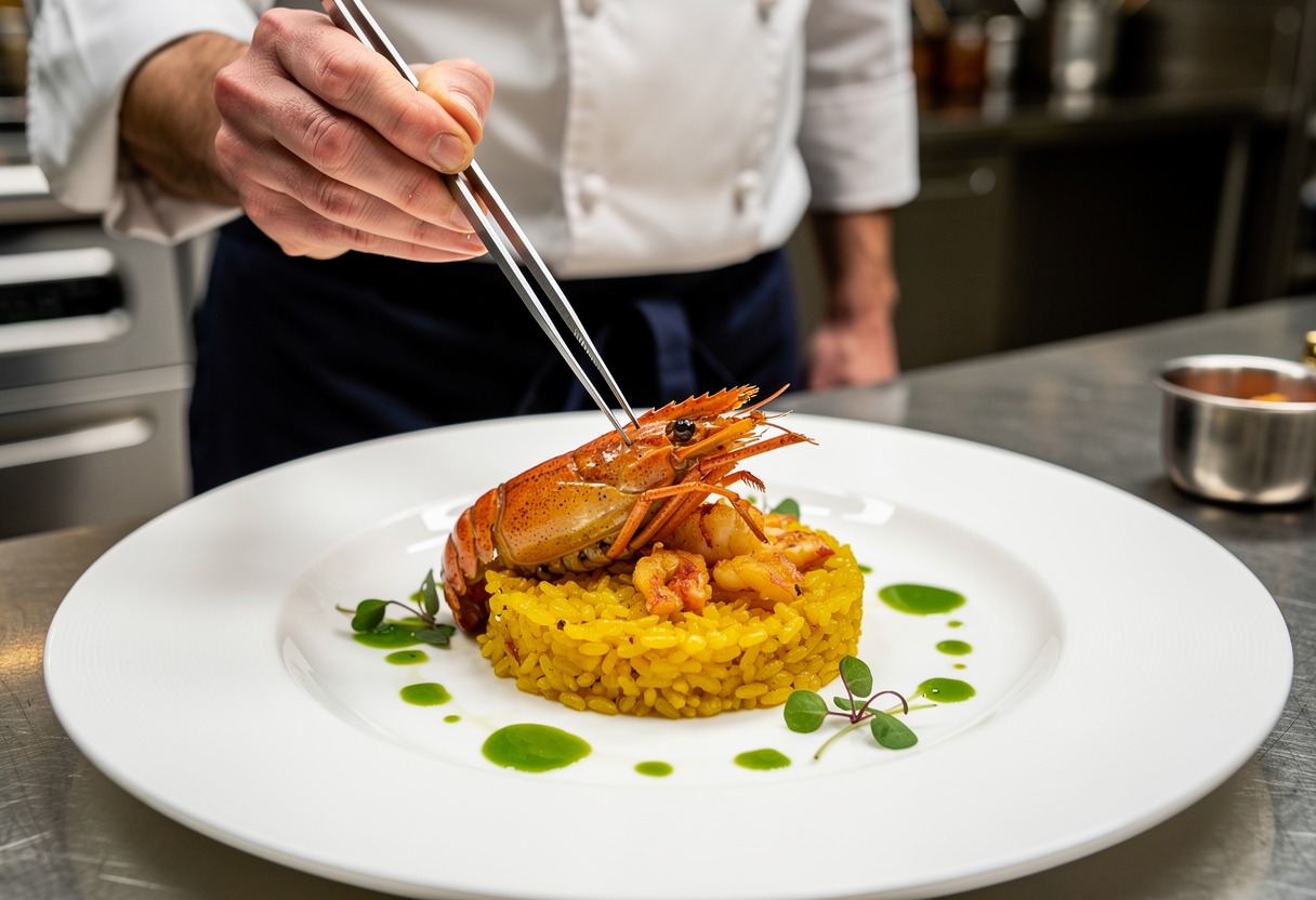 Emplatado de Arroz Meloso de Cigalas con Azafrán de La Mancha y Alioli Esférico
