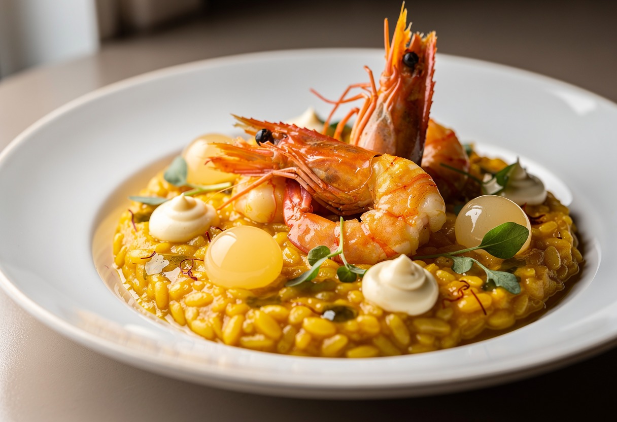 Arroz meloso de cigalas con azafrán y alioli esférico