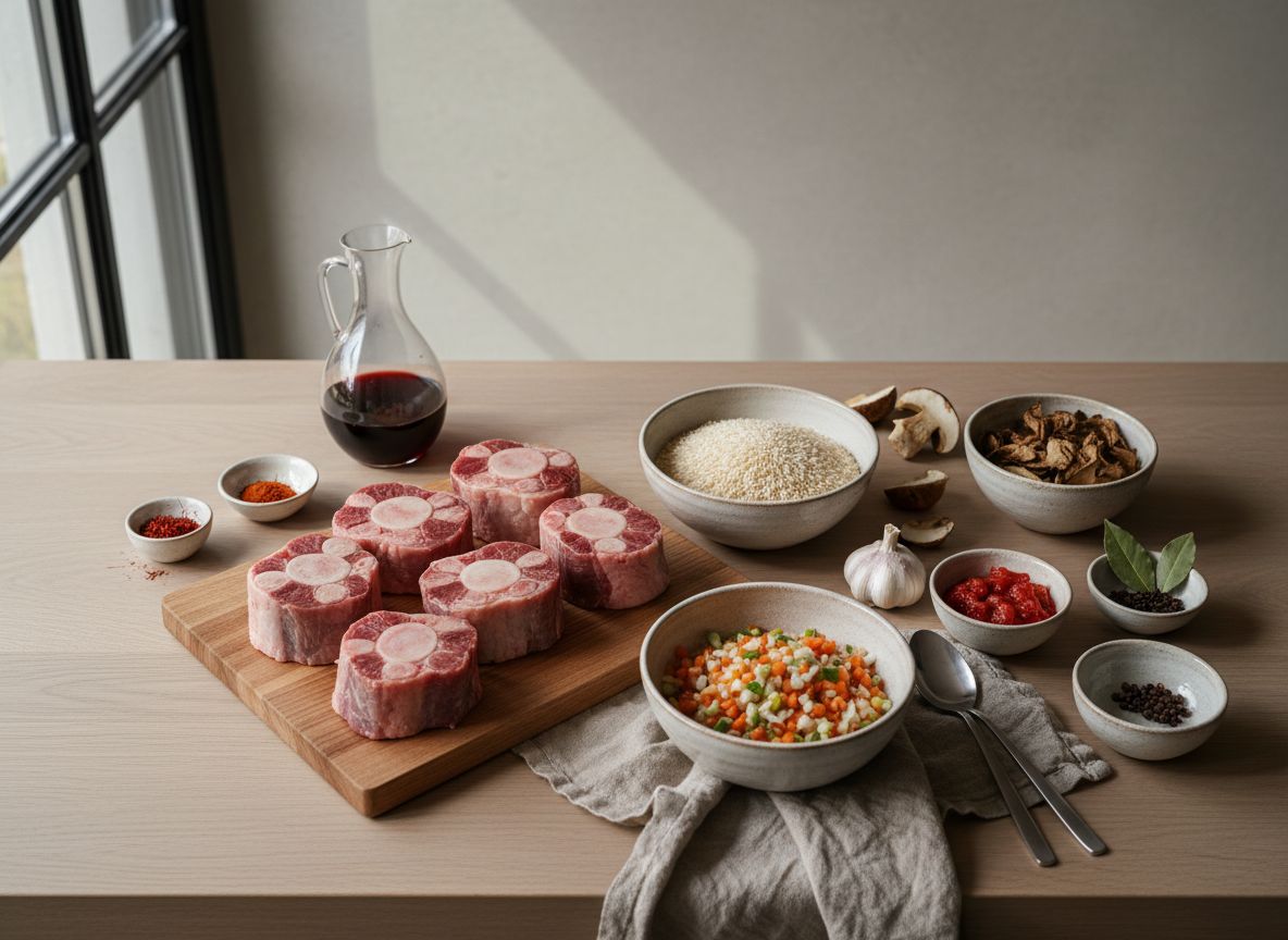 Mise en place del arroz de rabo de toro: piezas de rabo crudo, arroz bomba, boletus laminados, mirepoix, vino tinto, azafrán y pimentón