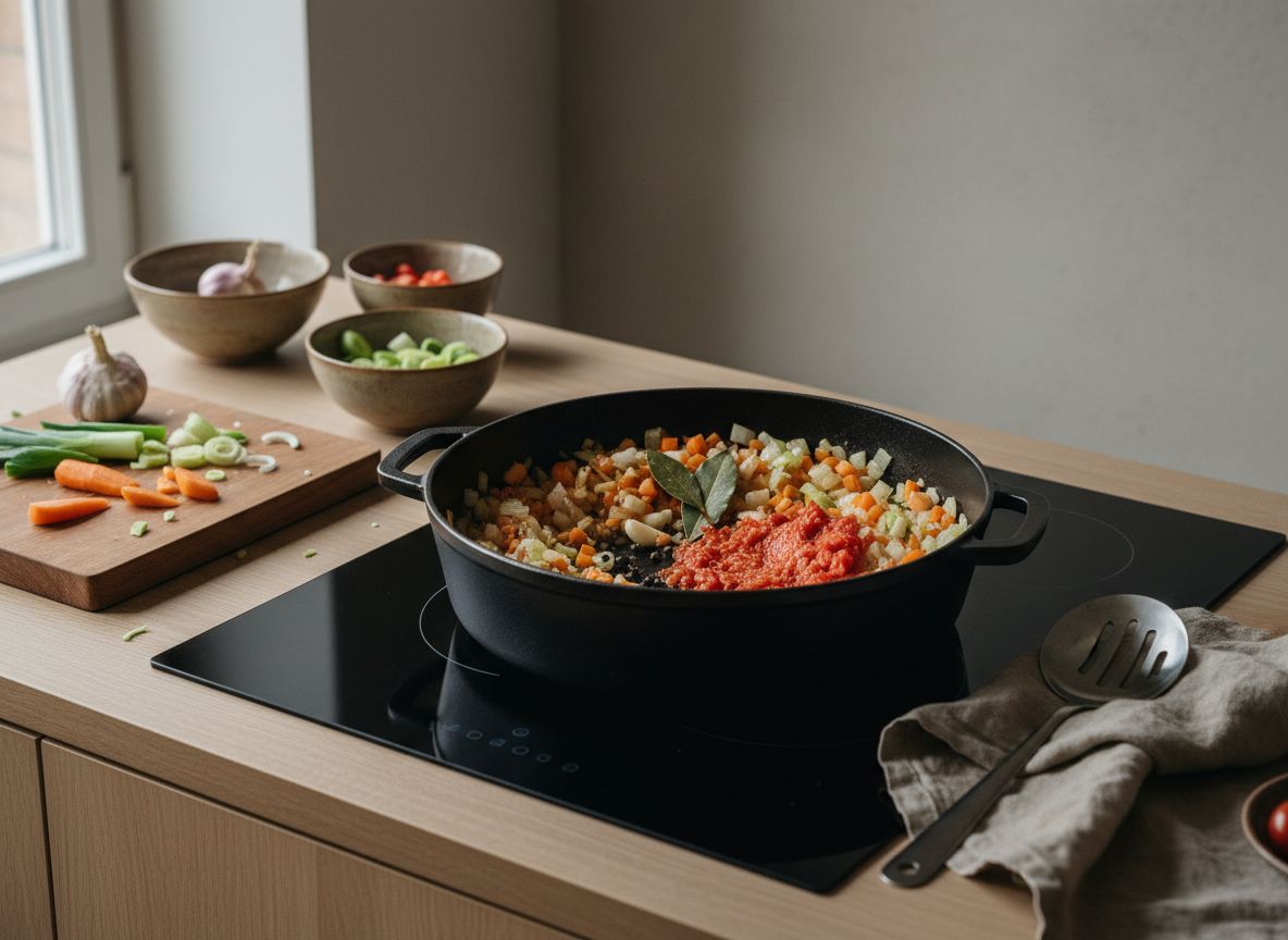 Mirepoix de cebolla, zanahoria y puerro sofriéndose dorado con tomate rallado y especias