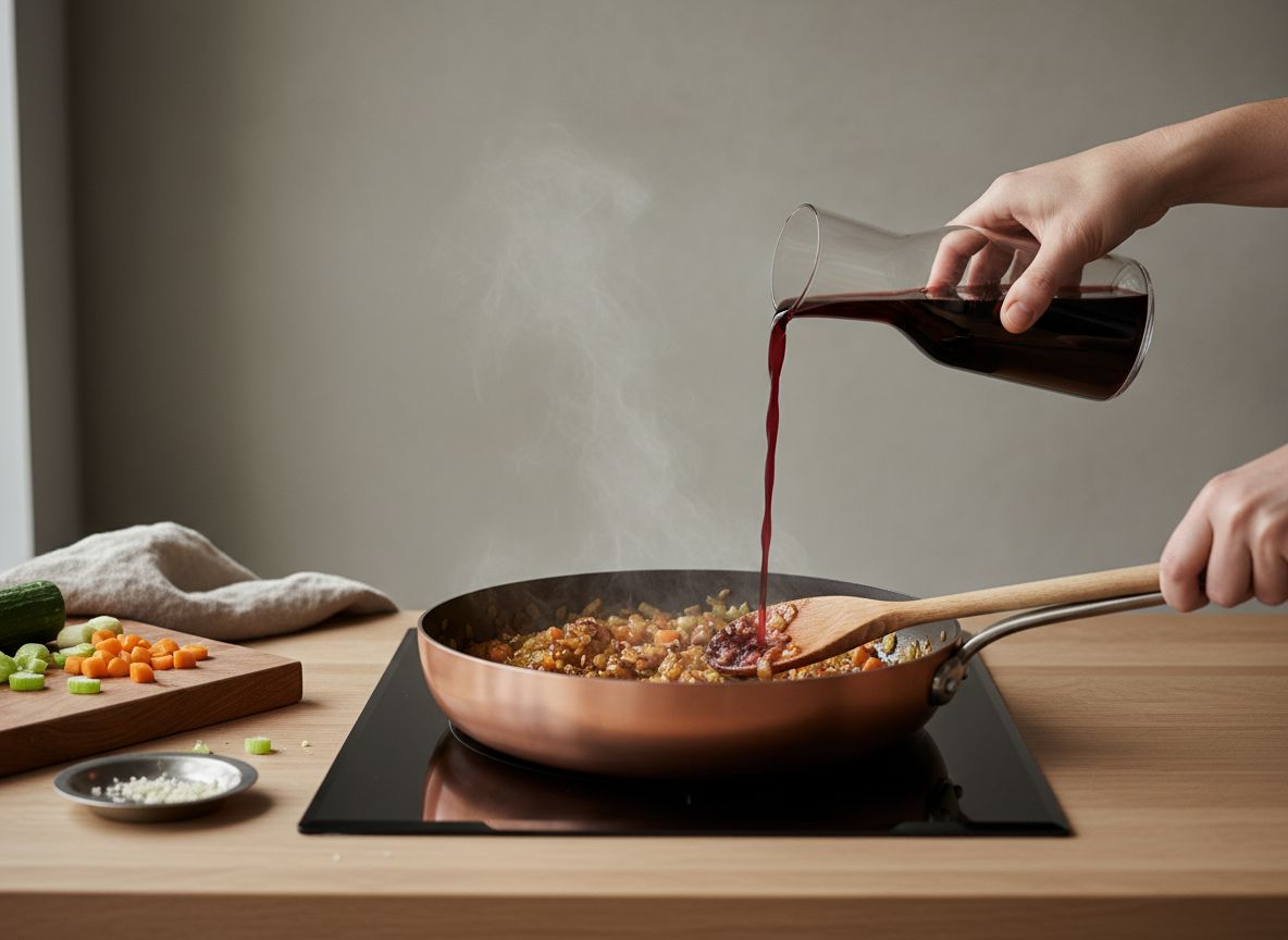 Vino tinto vertiéndose sobre el sofrito y desglasando el fondo caramelizado de la olla
