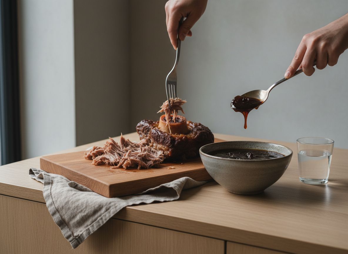 Rabo guisado deshuesándose en tiras junto al caldo colado y gelatinizado en un cuenco