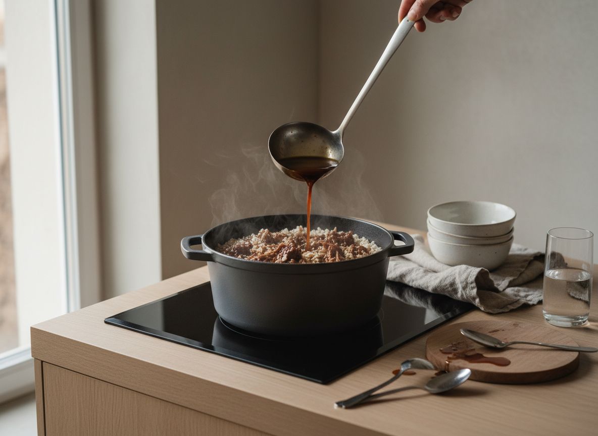 Arroz bomba nacarado recibiendo el caldo gelatinoso oscuro con la carne de rabo incorporada