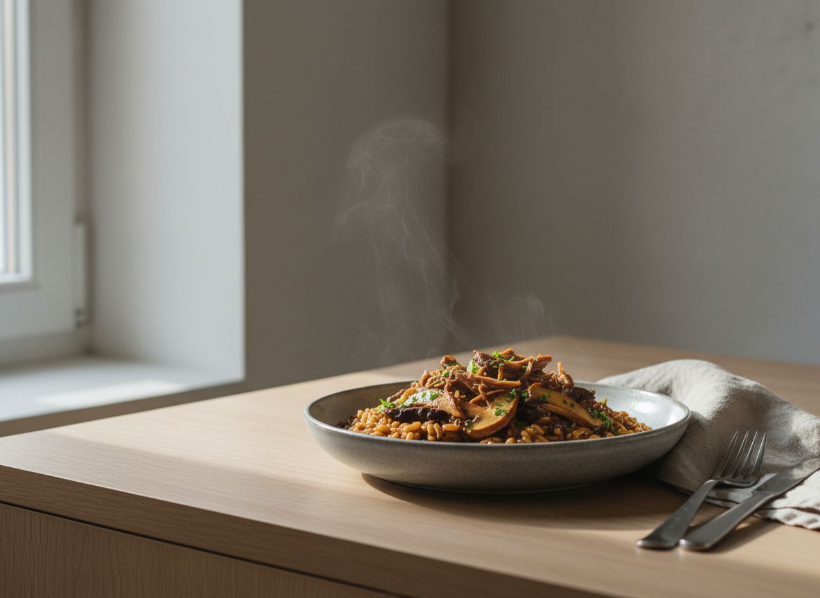 Arroz meloso de rabo de toro y boletus en cazuela de hierro, grano envuelto en salsa gelatinosa oscura con trozos de carne deshuesada y setas doradas