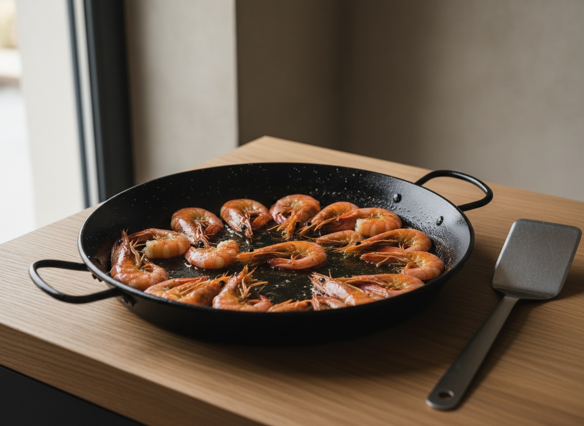 Gambas rojas peladas marcándose 40 segundos por cara en la paellera con aceite de arbequina